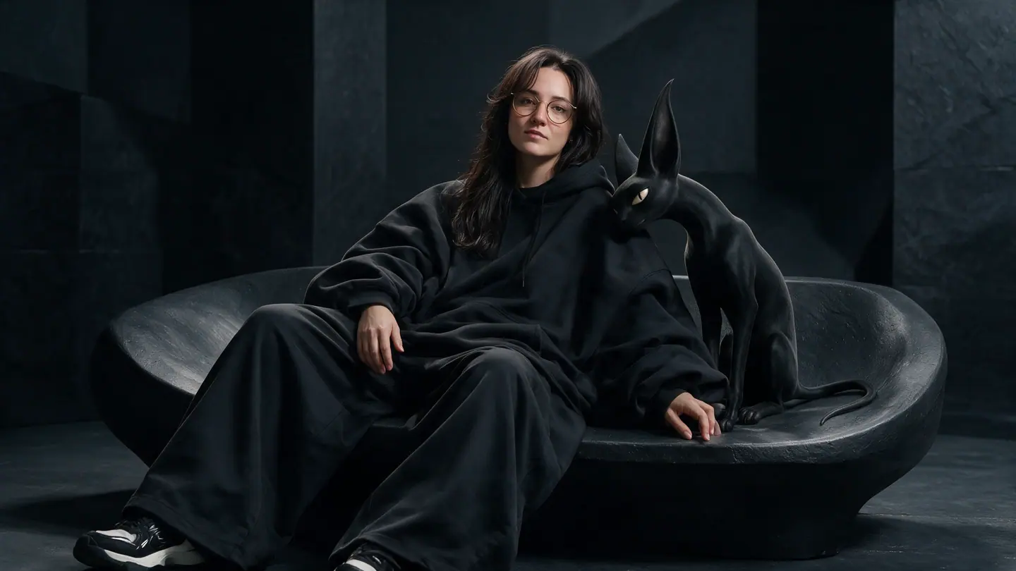Catherine Tskho seated on a carved stone sofa in oversized black streetwear, her long-eared black creature beside her.