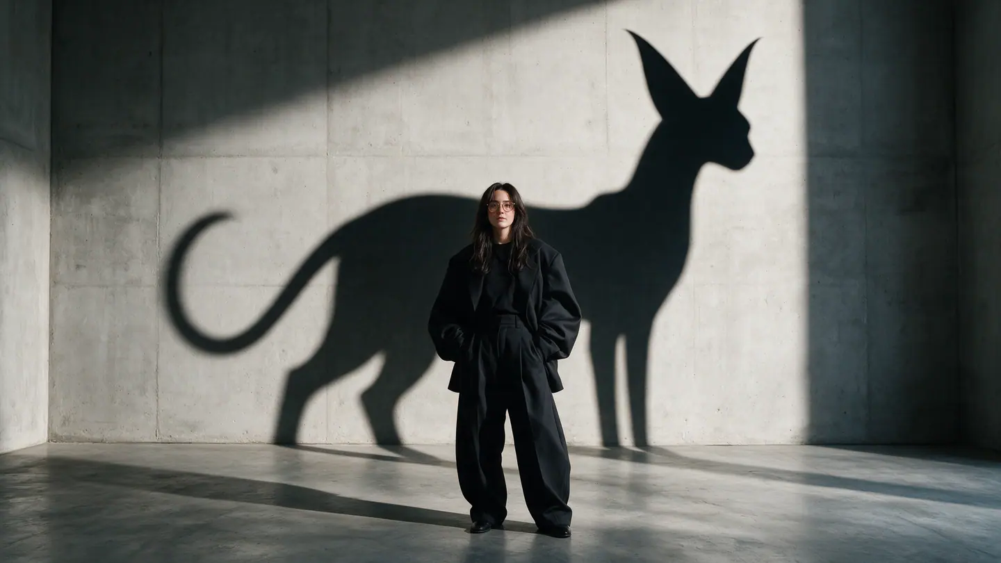 A small figure of Catherine stands before a monumental wall with an enormous silhouette of the long-eared creature.