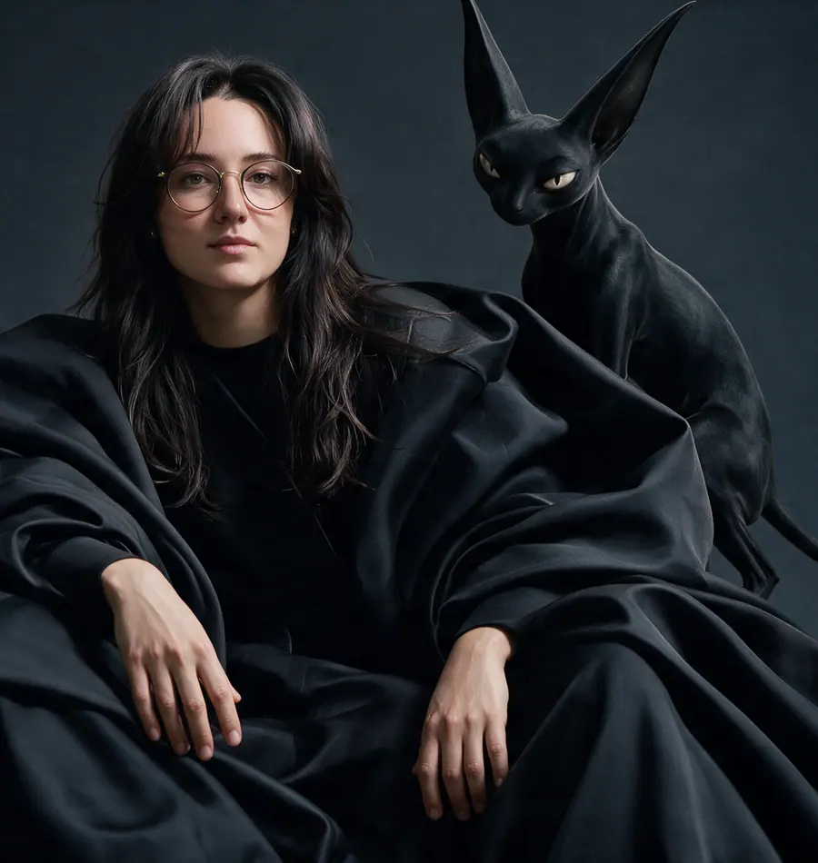 Catherine Tskho seated in black satin drapery, the long-eared creature perched behind her shoulder.
